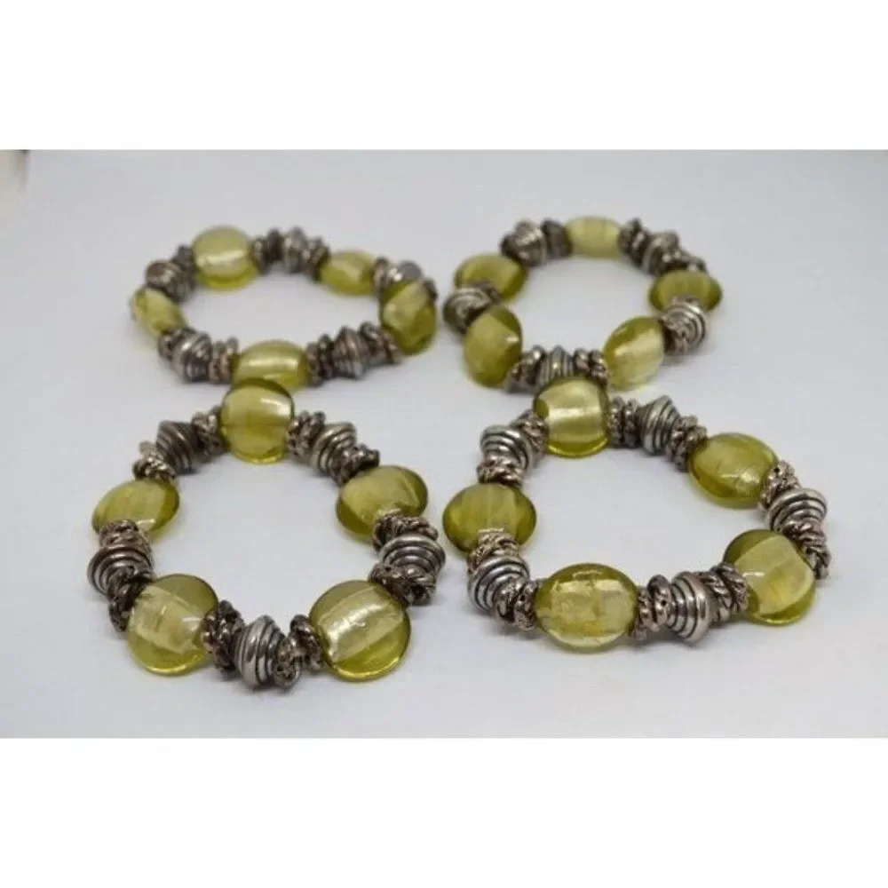 Stackable  Green Glass Silver Bracelets Chunky